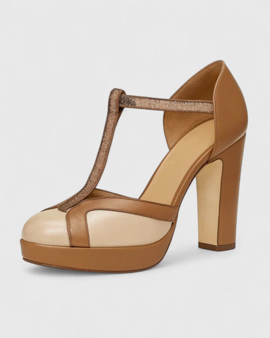Comfortable Brown Heels for Women with T Strap Round Toe Style