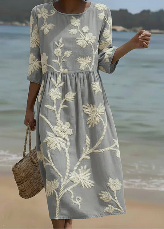 Stylish Gray Floral Midi Dress for Women with Retro Casual Style