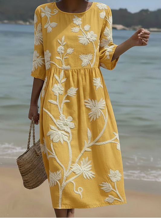 Stylish Yellow Floral Midi Dress for Women with Round Neck