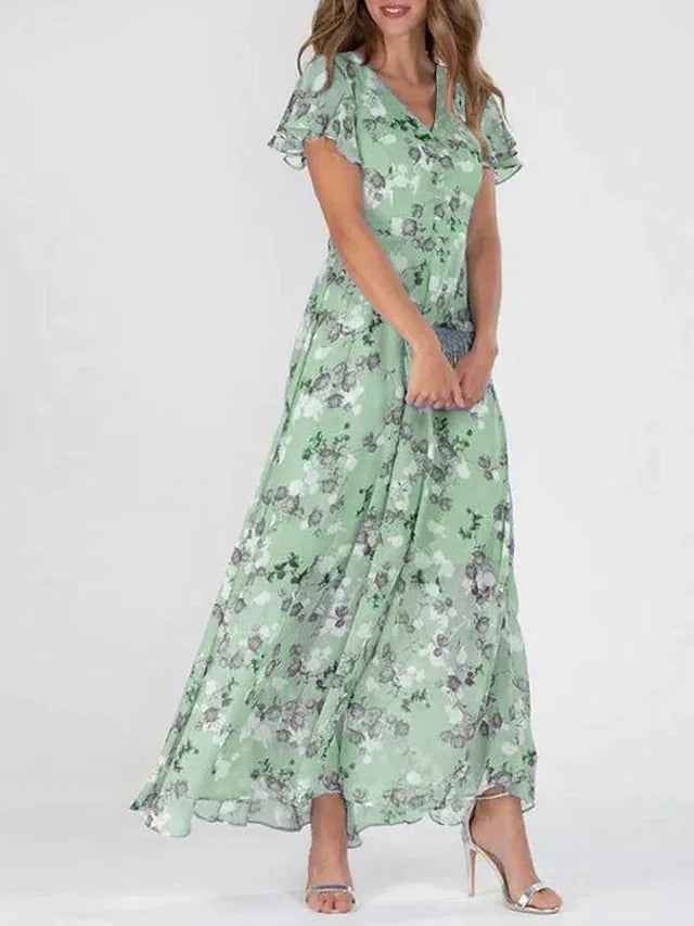 Effortless Floral Midi Dress for Women with Short Sleeve