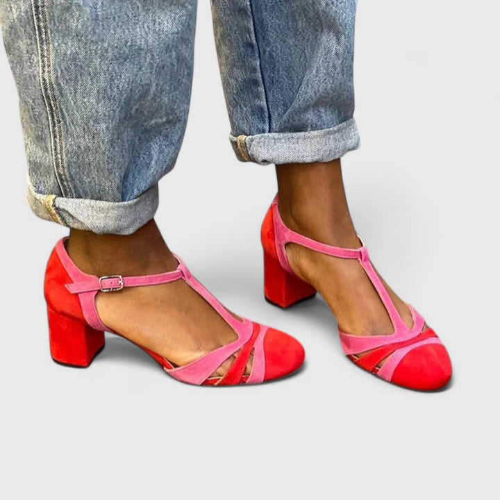 Comfortable Color Block Heels for Women with Ankle Strap Cushioned Style