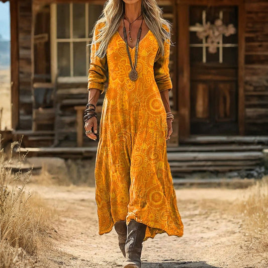 Stylish Yellow Mini Dress for Women with V Neck Long Sleeve Vintage