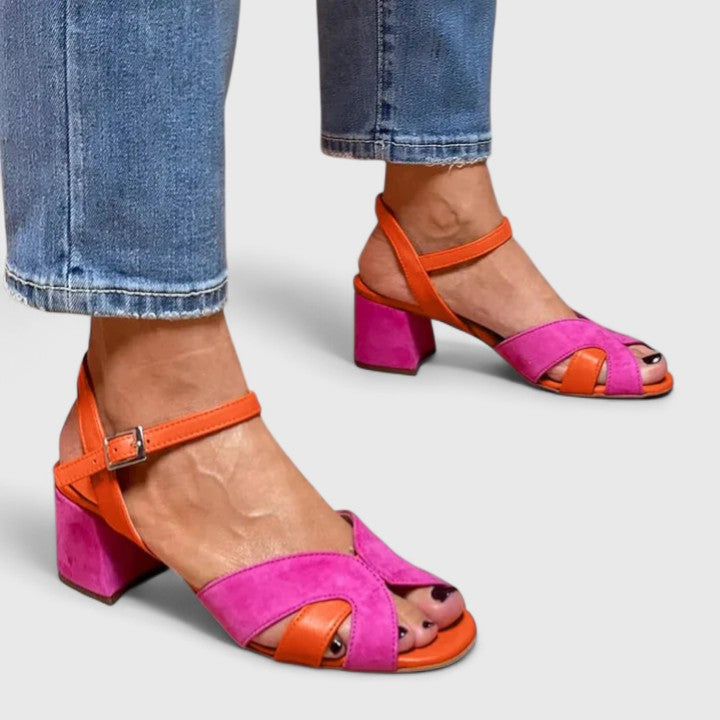 Comfortable Pink Color Block Heels for Women with Orthopedic Chunky Heel Ankle Strap Style