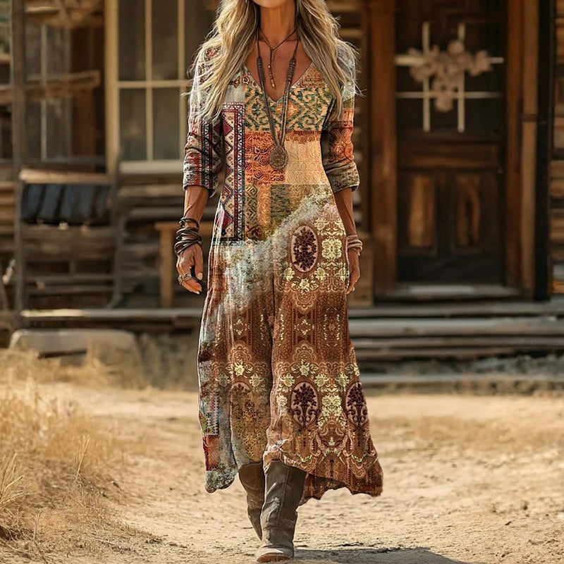 Elegant Breezy Mini Dress for Women with V Neck Long Sleeve Vintage