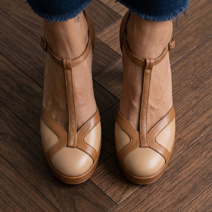 Comfortable Brown Heels for Women with T Strap Style