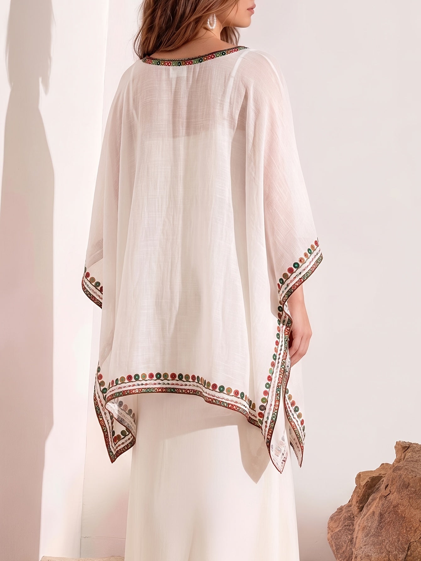 Effortless Poncho Shirts for Women with V-Neck Embroidered Trim Batwing Sleeve Style