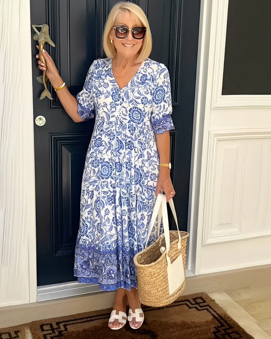 Stylish Floral Maxi Dress for Women with V Neck