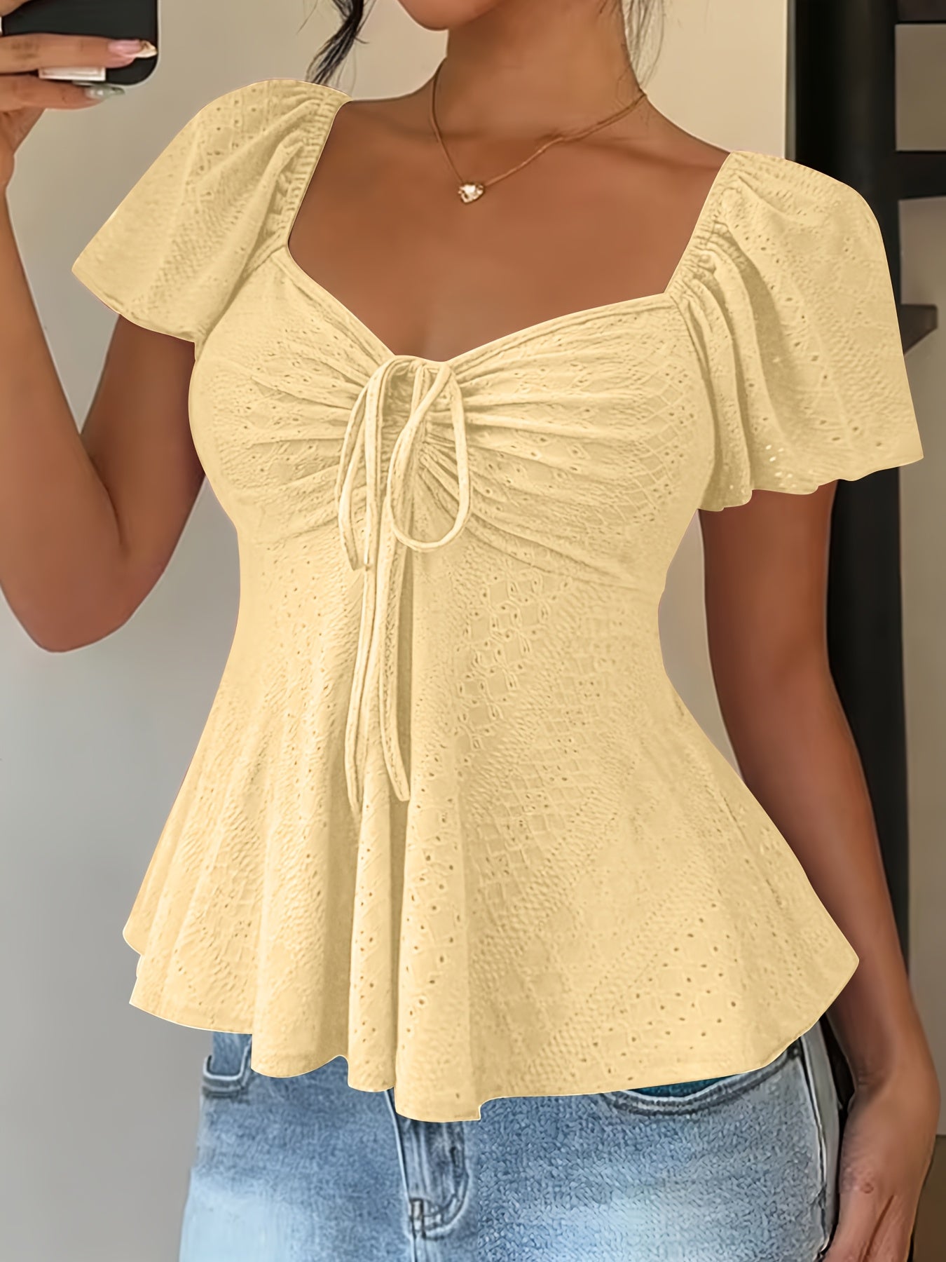 Effortless Blouse for Women with Sweetheart Neck Flutter Sleeve Peplum