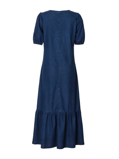 Elegant Blue Denim Maxi Dress for Women with Collar Puff Sleeve Front Slit Style