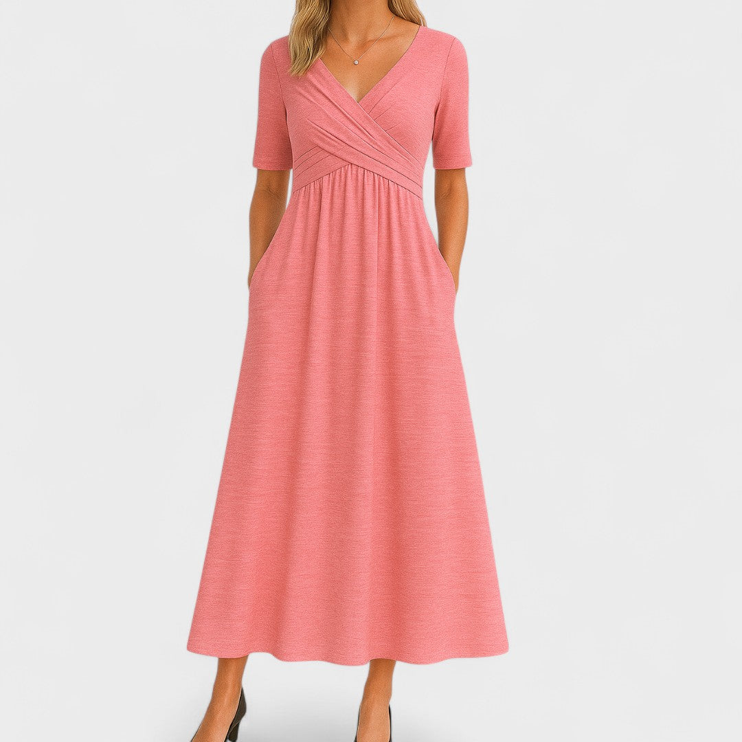 Effortless Wrap V-Neck Maxi Dress for Women with Short Sleeve Ruched Waist Pocket Casual Style