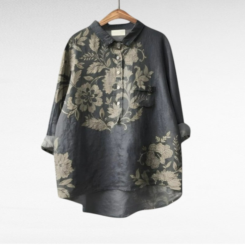 Stylish Gray Floral Blouse for Women with Vintage Casual Style