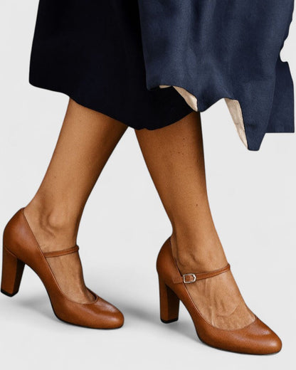 Comfortable Brown Heels for Women with Block Heel Ankle Strap Style