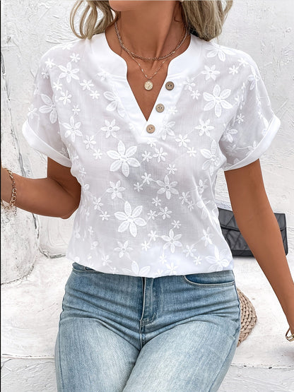 Effortless White Floral Blouse for Women with V Neck Batwing Sleeve