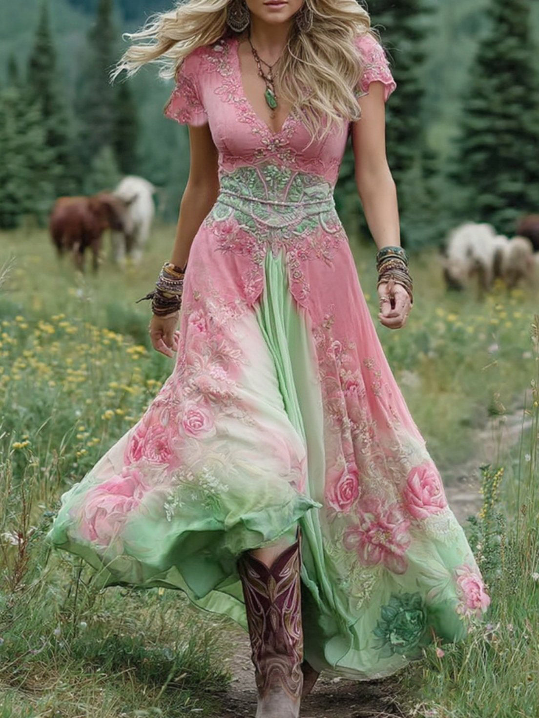 Effortless Floral Maxi Dress for Women with V Neck
