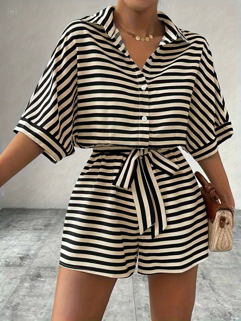 Effortless Striped Romper for Women with Collared Belted