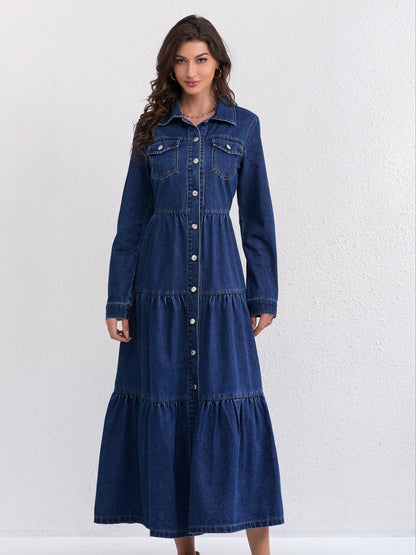Elegant Blue Denim Maxi Dress for Women with Collar Long Sleeve Tiered Style