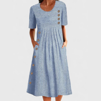 Elegant Striped Midi Dress for Women with Elbow Sleeve