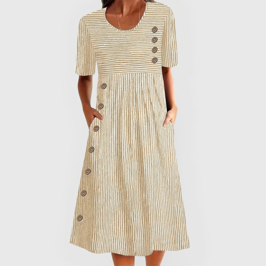Elegant Striped Midi Dress for Women with Elbow Sleeve