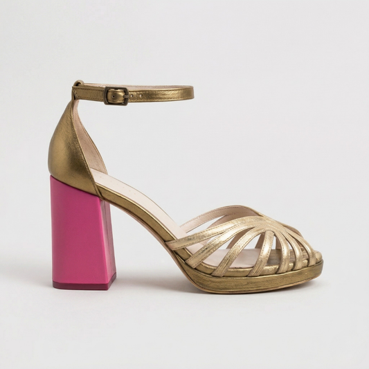 Comfortable Gold Heels for Women with Block Heel Ankle Strap Style
