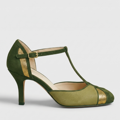 Comfortable Green Suede Heels for Women with T Strap Kitten Heel Buckle Style