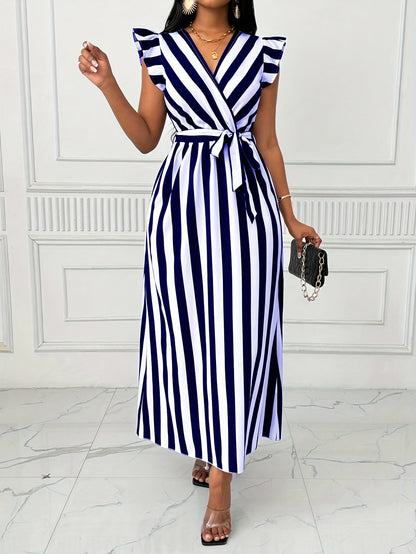 Stylish Striped Wrap Maxi Dress for Women with Ruffle Sleeve