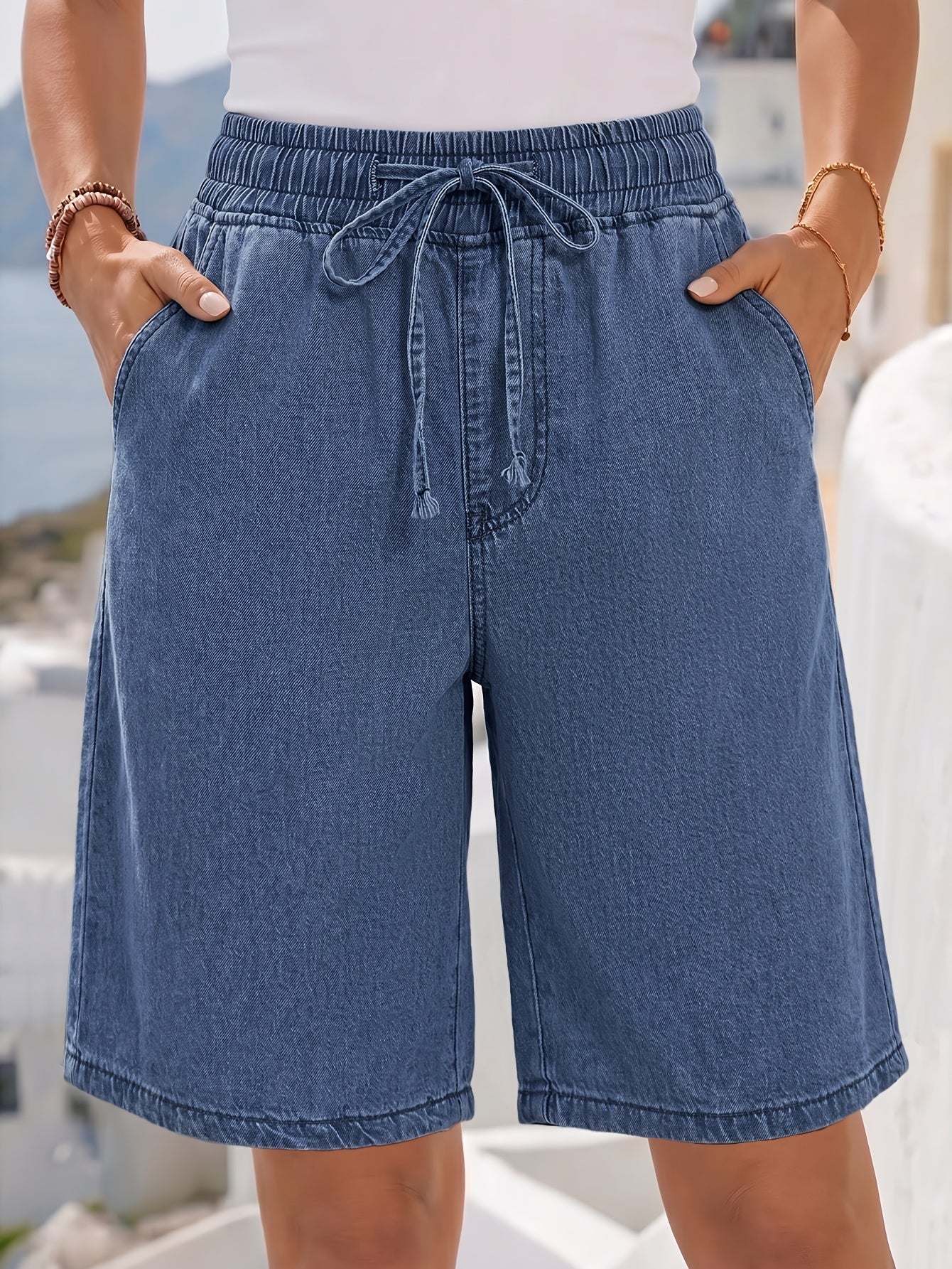 Effortless Blue Denim Bermuda Shorts for Women with Drawstring High Waist Relaxed Style