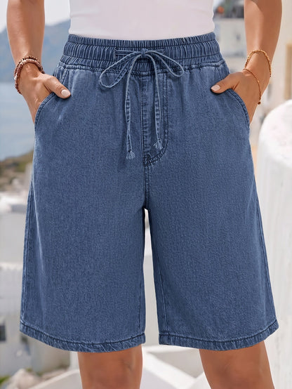 Effortless Blue Denim Bermuda Shorts for Women with Drawstring High Waist Relaxed Style