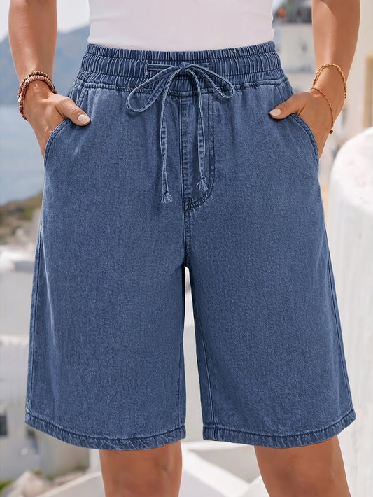Effortless Blue Denim Bermuda Shorts for Women with Drawstring High Waist Relaxed Style