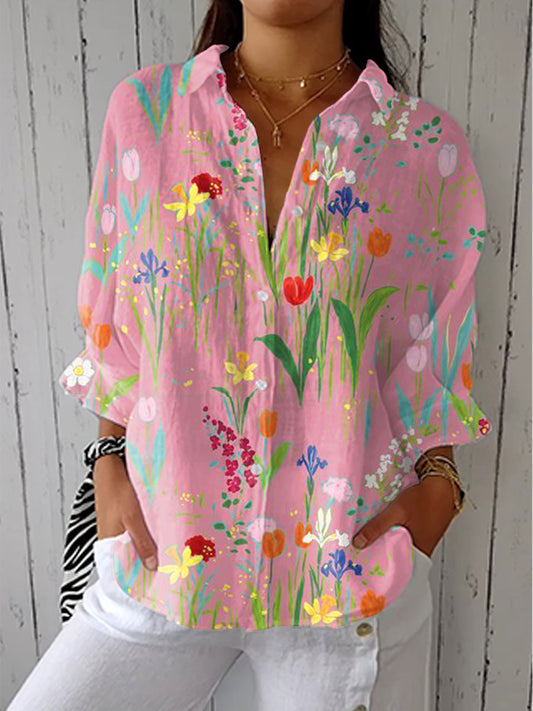 Effortless Pink Floral Blouse for Women with V Neck