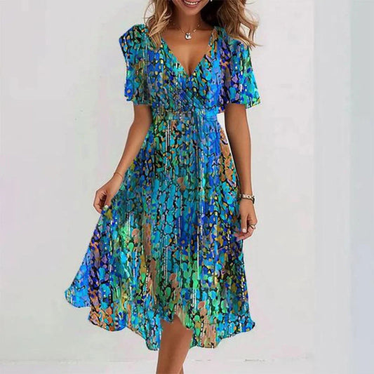 Effortless Printed Mini Dress for Women with V Neck Short Sleeve