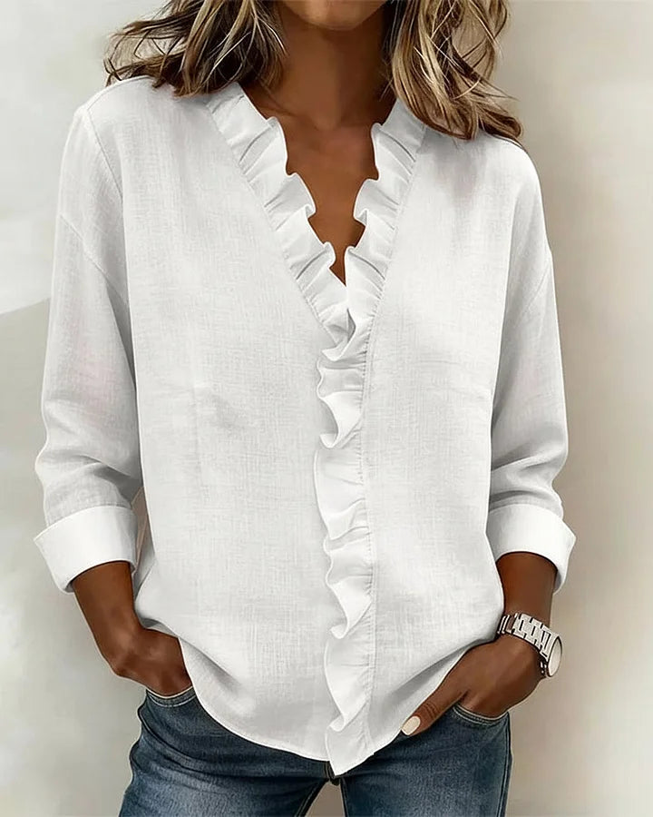 Stylish Blouse for Women with V Neck Long Sleeve Ruffled
