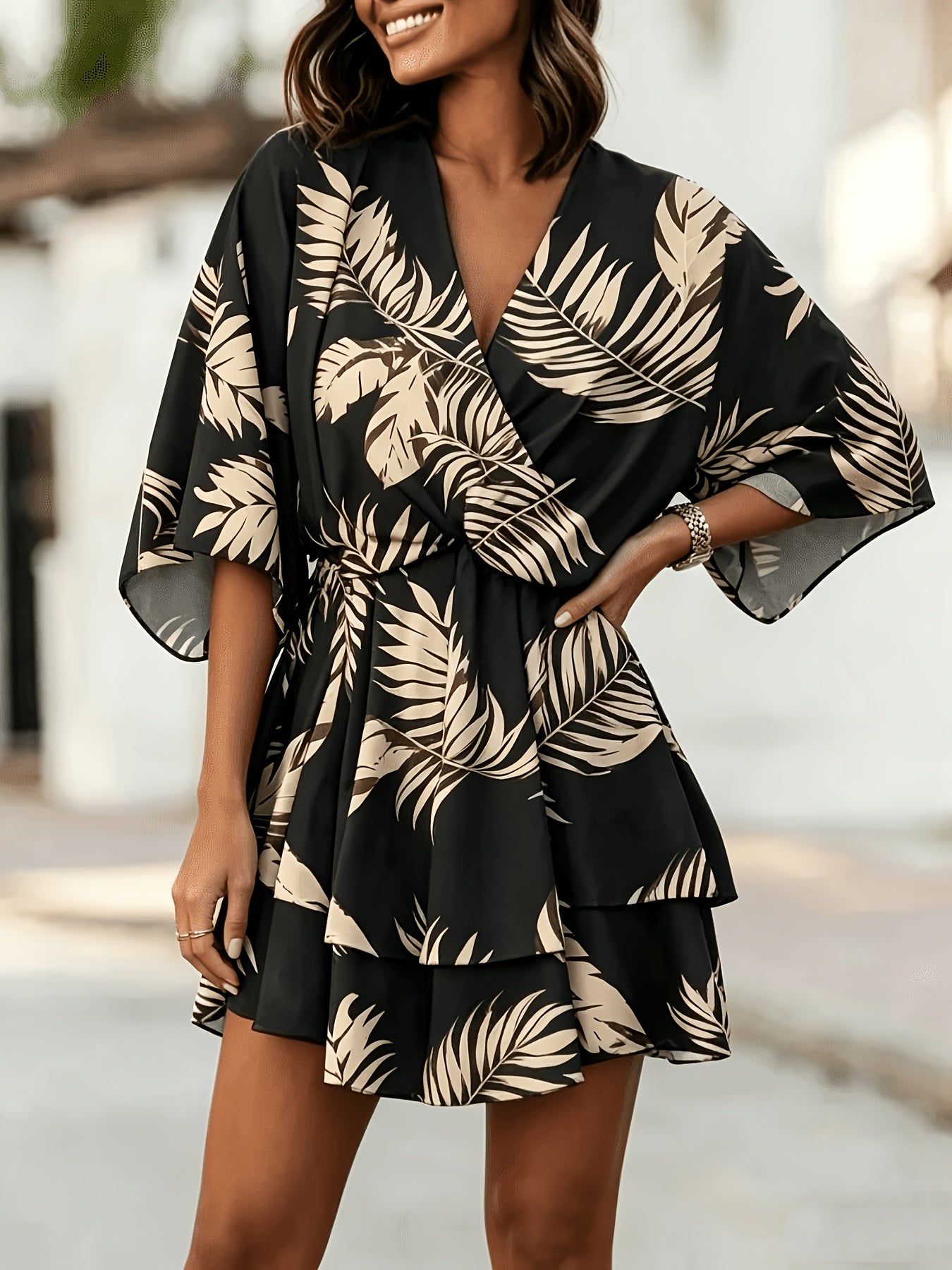 Effortless Wrap Mini Dress for Women with V Neck Batwing Sleeve