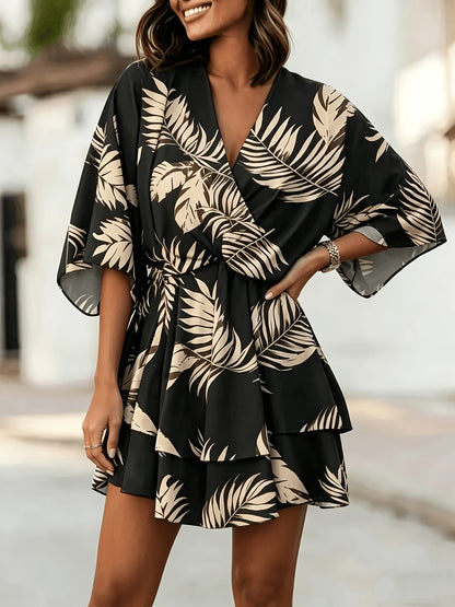 Effortless Wrap Mini Dress for Women with V Neck Batwing Sleeve