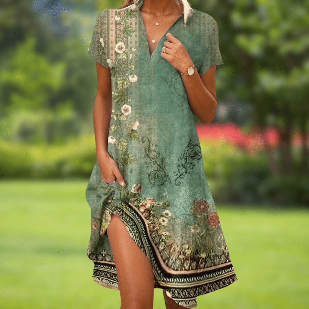 Elegant Flowy Floral Mini Dress for Women with V Neck
