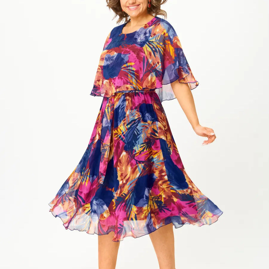 Elegant Floral Midi Dress for Women with Round Neck Short Sleeve