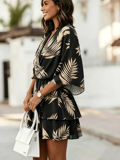 Effortless Wrap Mini Dress for Women with V Neck Batwing Sleeve
