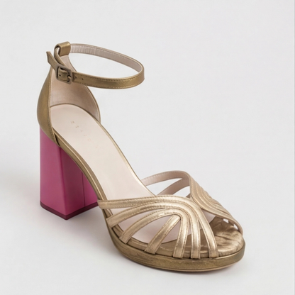 Comfortable Gold Heels for Women with Block Heel Ankle Strap Style