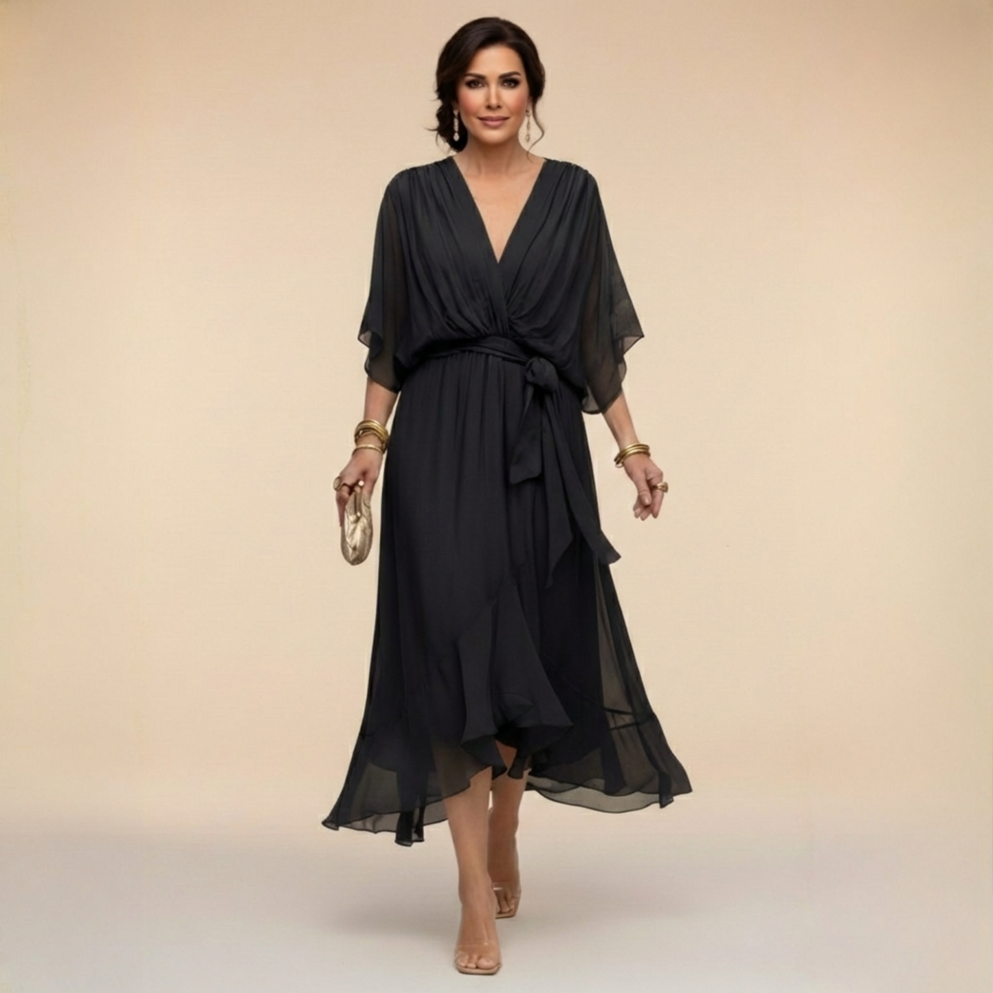 Stylish Chiffon Mini Dress for Women with V Neck