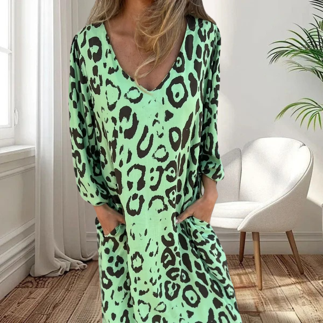 Elegant Leopard Mini Dress for Women with V Neck