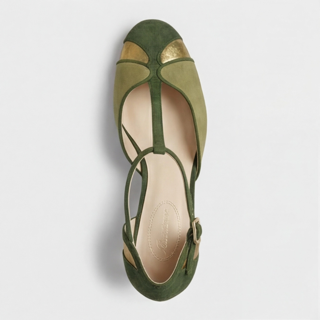 Comfortable Green Suede Heels for Women with T Strap Kitten Heel Buckle Style