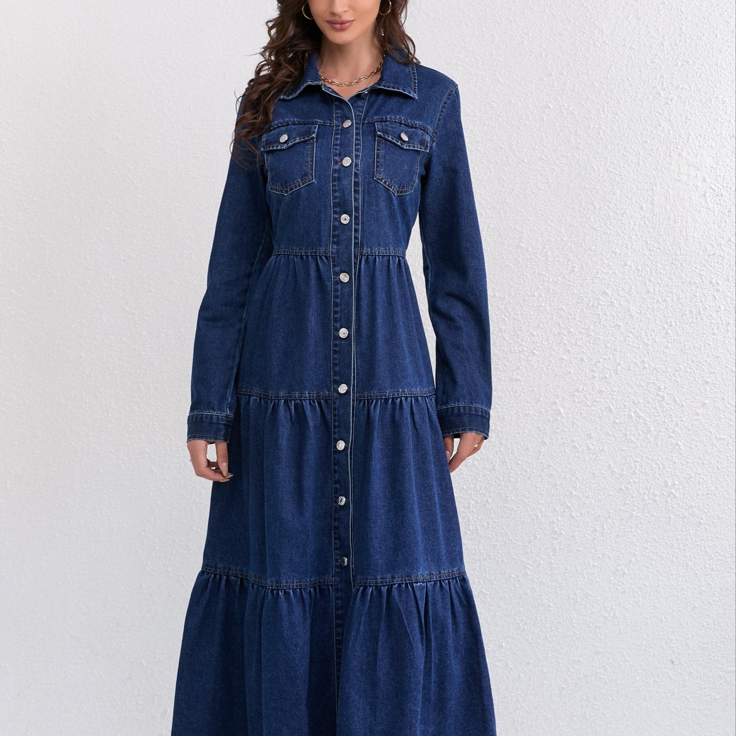 Elegant Blue Denim Maxi Dress for Women with Collar Long Sleeve Tiered Style