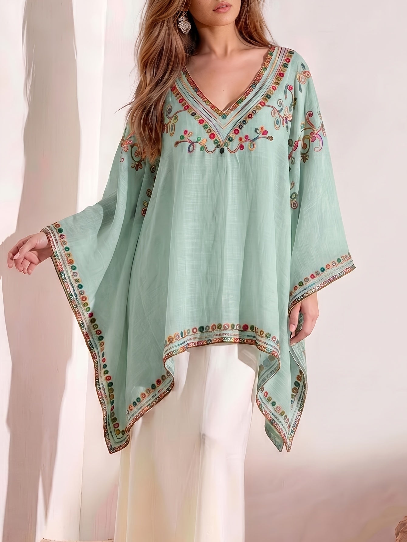 Effortless Poncho Shirts for Women with V-Neck Embroidered Trim Batwing Sleeve Style