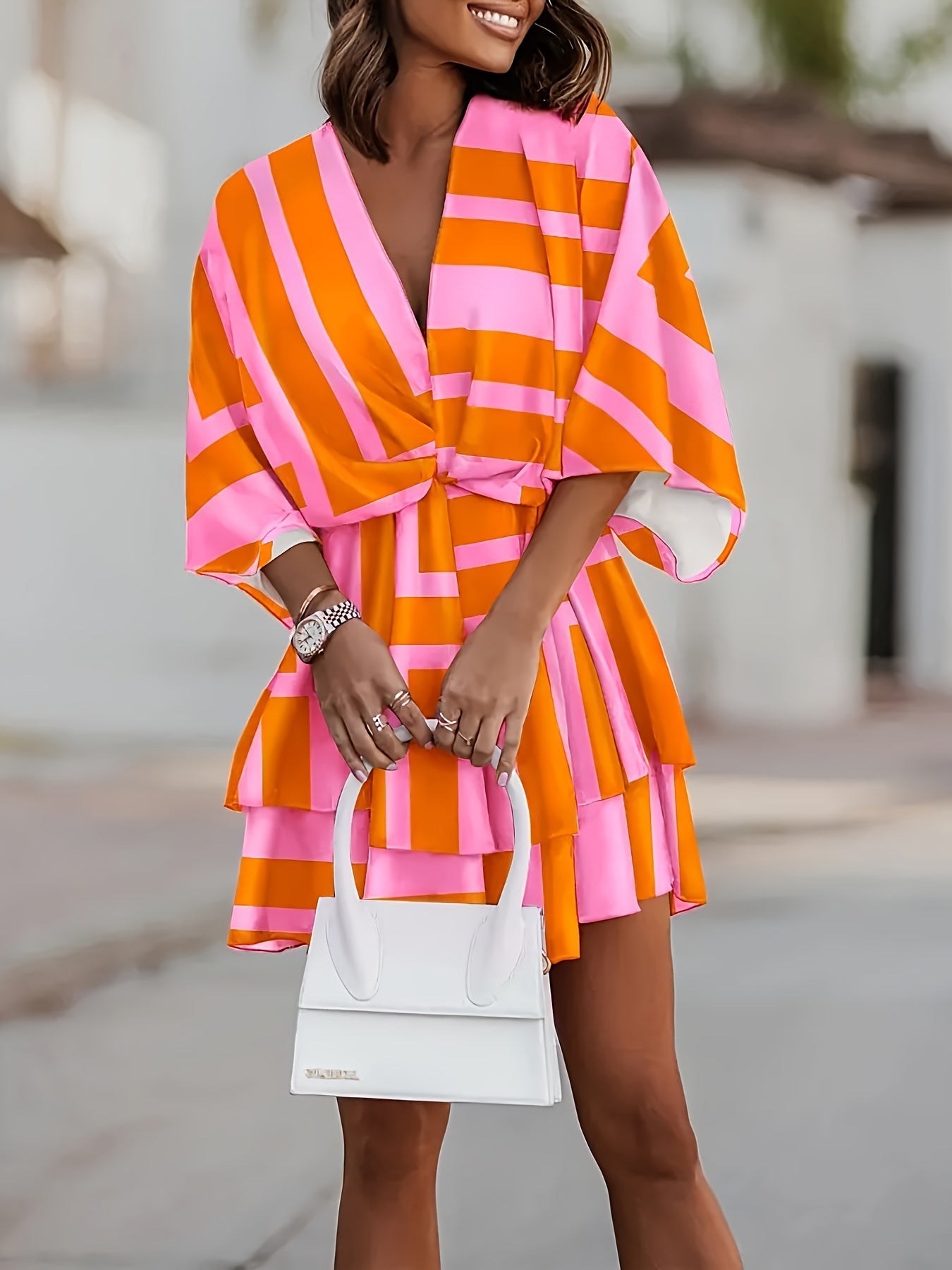 Effortless Wrap Mini Dress for Women with V Neck Batwing Sleeve
