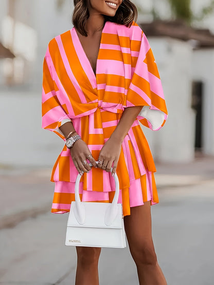Effortless Wrap Mini Dress for Women with V Neck Batwing Sleeve