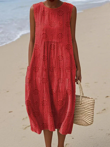 Elegant Floral Midi Dress for Women with Sleeveless Pocket