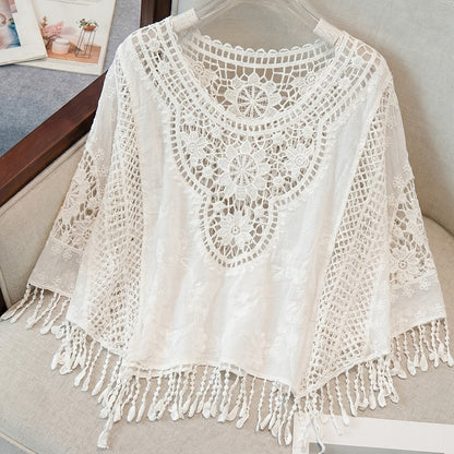 Effortless Ivory Poncho Shirts for Women with Crochet Fringe Hem Style