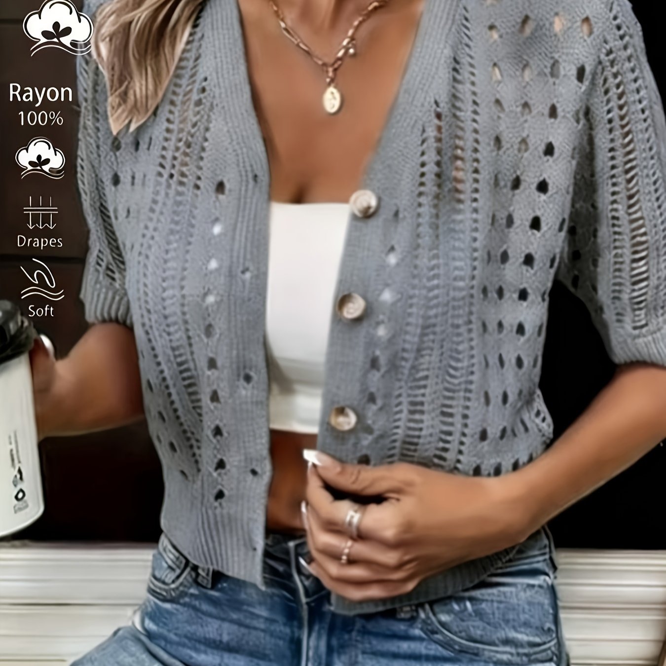 Elegant Knit Cardigan Sweater for Women with Short Sleeve