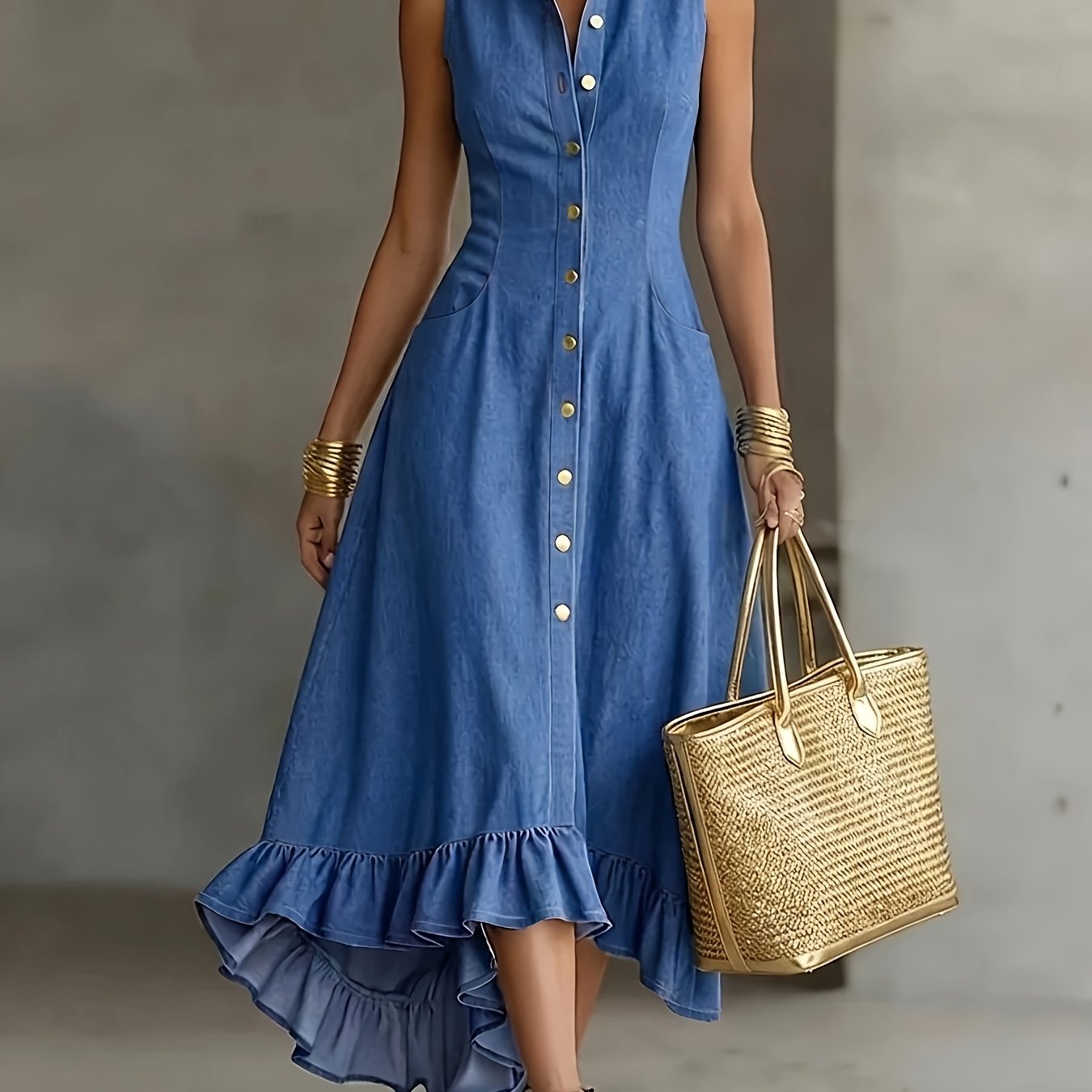 Elegant Blue Midi Dress for Women with Mock Neck Sleeveless Ruffle Hem Style