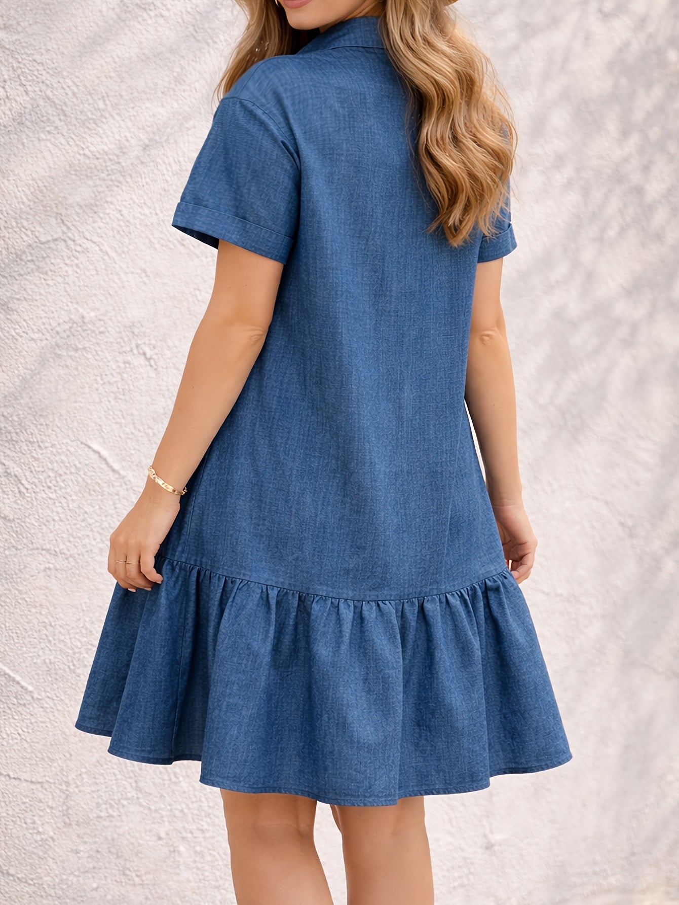 Effortless Blue Denim Shirt Dress for Women with Collar Short Sleeve Tiered Style