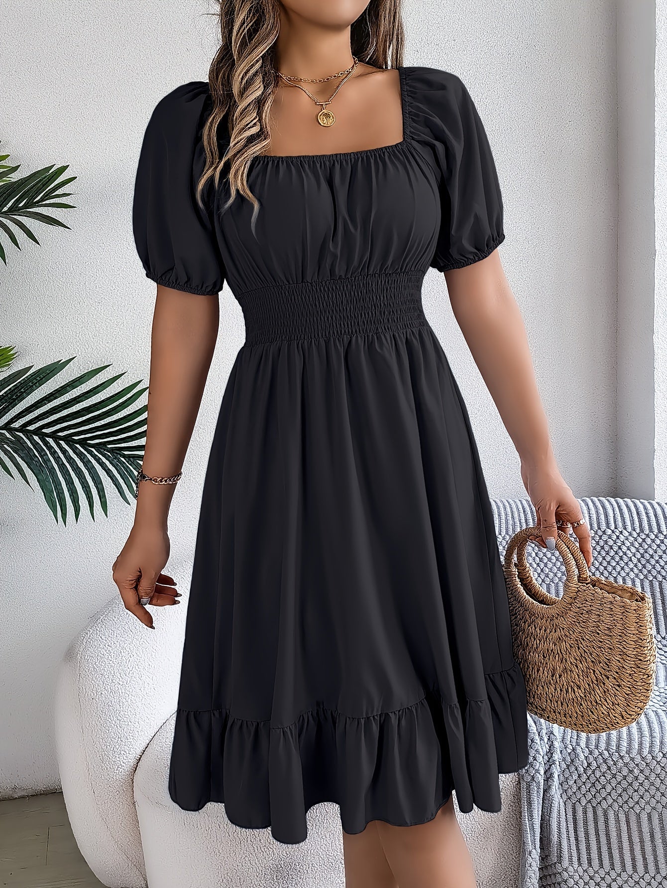 Elegant Evening Dress for Women with Square Neck Puff Sleeve A Line Formal Wedding Guest Style